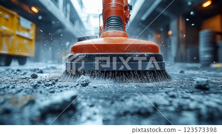 Close-up of powerful industrial vacuum cleaner sucking up fine dust at construction site 123573398