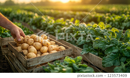 A farmer holding a freshly dug potato, his hands covered with earth, he is standing on a huge potato patch 123573409