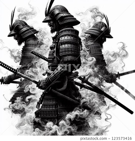A samurai wrapped in smoke and fighting spirit. 123573416