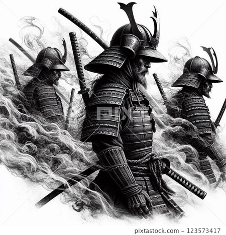 A samurai wrapped in smoke and fighting spirit. 123573417