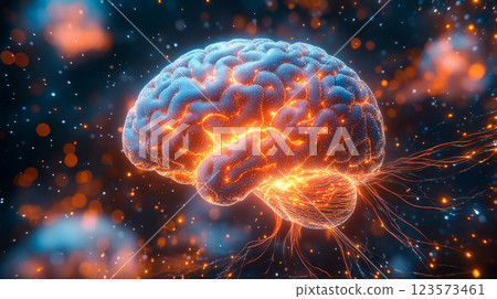 A human brain with glowing neural connections surrounded by digital data streams 123573461