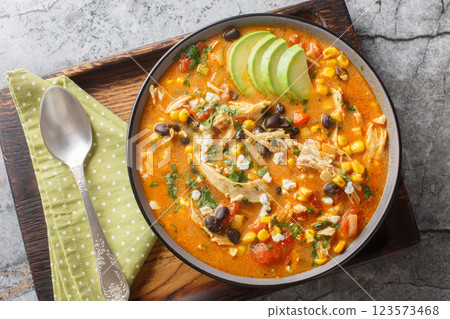 Creamy Mexican chicken enchilada black bean soup closeup on the plate. Horizontal top view 123573468