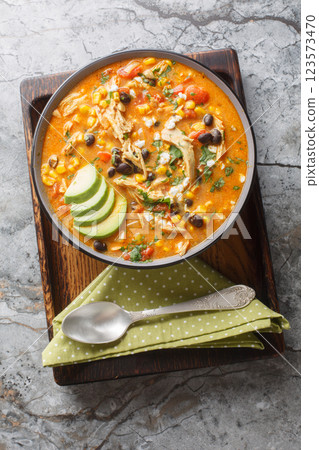 Creamy Chicken Enchilada Soup is packed with Tex-Mex flavors closeup on the plate. Vertical top view 123573470