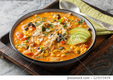 Creamy Mexican chicken enchilada black bean soup closeup on the plate. Horizontal 123573474