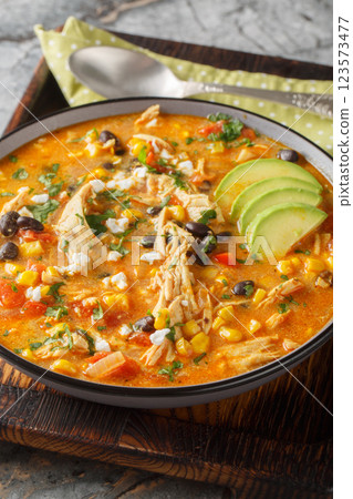 Creamy Chicken Enchilada Soup is packed with Tex-Mex flavors closeup on the plate. Vertical 123573477