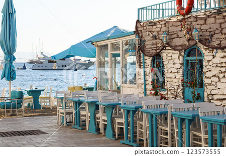 Restaurant on the coast of the Aegean Sea in Bodrum, Turkey. High quality photo Restaurant on the coast of the Aegean Sea in Bodrum, Turkey. High quality photo 123573555