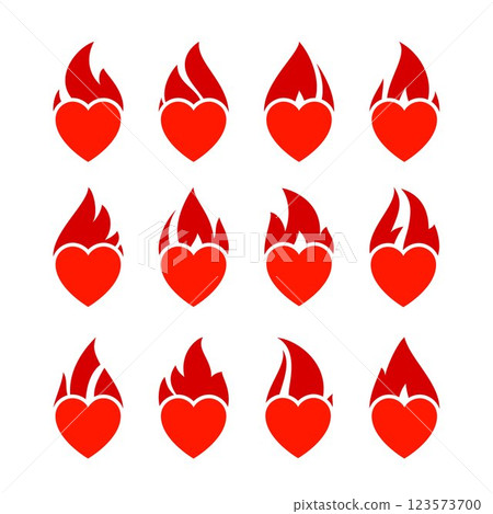 Fire flame icon set, hot heart symbols Fire flame icon set, hot heart symbols 123573700