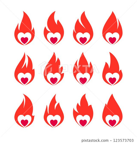 Fire flame icon set, hot heart symbols Fire flame icon set, hot heart symbols 123573703