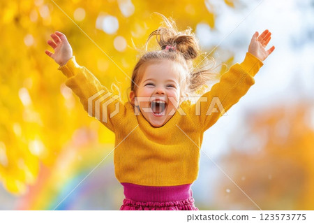 Little girl joyfully jumps in garden upon discovering a rainbow after the rain Little girl joyfully jumps in garden upon discovering a rainbow after the rain 123573775