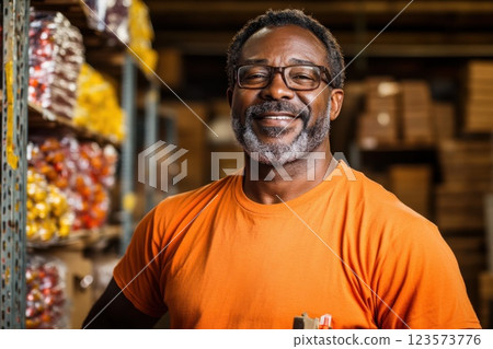 Man of African descent organizes donated items in a warm toned warehouse Man of African descent organizes donated items in a warm toned warehouse 123573776