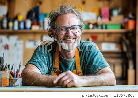 Middle aged craftsman smiles while restoring antique furniture in a sunny workshop 123573803