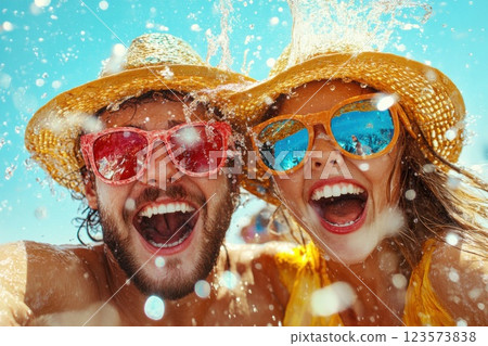 Young couple enjoys surprise water spray while laughing on sunny boat ride together 123573838