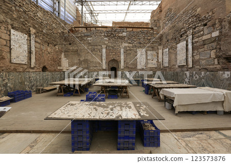 Footage of historical ruins, columns, ancient theater and temples in the ancient city of Ephesus. 123573876