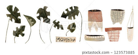 Watercolor set with jungle monstera leaves and pots isolated on white. Botanical clip art hand drawn with watercolor and pencil. mixed media 123573885