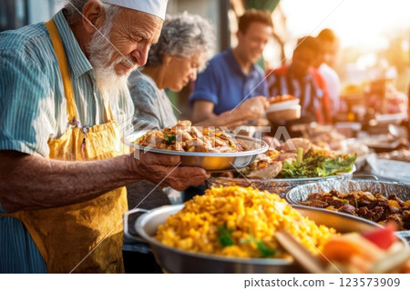 Volunteers serve warm meals to homeless individuals in an urban area at dusk 123573909
