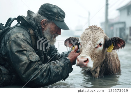 Man bravely rescues stranded cow from floodwaters in a dramatic and emotional moment 123573919