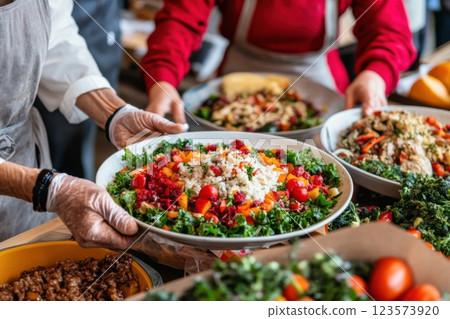 Volunteers distribute fresh meals at a community kitchen during a midday food drive event 123573920