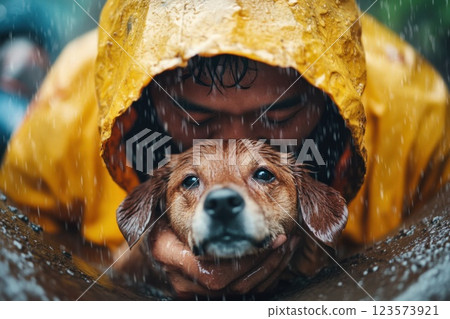 Man of Asian descent saves dog from storm drain during heavy rain in dramatic rescue 123573921