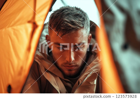 Young man demonstrates resilience by setting up a tent in a disaster zone while facing challenges Young man demonstrates resilience by setting up a tent in a disaster zone while facing challenges 123573928