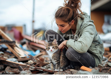 Young woman rescues a kitten from rubble after a devastating earthquake 123573966