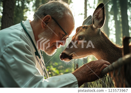 Veterinarian assists deer stuck in fence amid serene forest setting 123573967