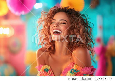 Unexpected laughter fills the room as a young woman enjoys a playful moment with a friend 123573988
