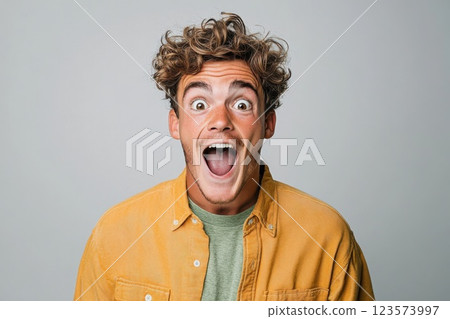 Young man reacts with joy after winning raffle at community fair event in daylight 123573997