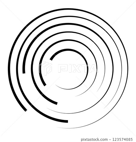 Halftone speed lines circle. Geometric art in circle form. Round swirl movement symbol. Halftone circular frame. Vector design element 123574085