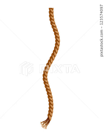 Hanging rope with tassel. Knitted nautical thread or marine vertical fiber. Textile tassel hang at rope isolated on white background. Vector illustration 123574097