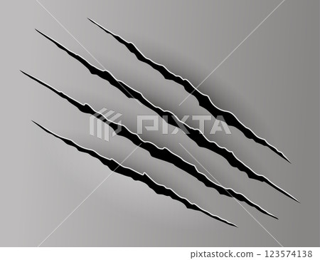 Bear or tiger claw mark. Scratches and torn traces of vector animal paw slashes. Hole in sheet of paper with torn edges. Vector illustration 123574138