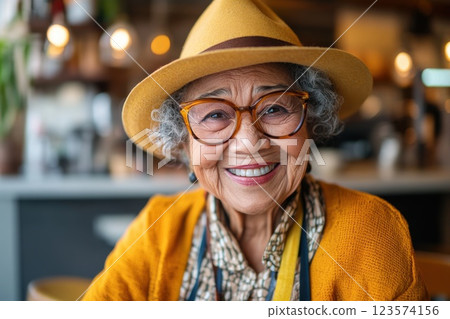 Joyful reunion of old friends in warm cafe atmosphere with shared memories and laughter 123574156