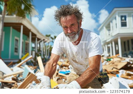 Middle aged man clears hurricane debris in a coastal community Middle aged man clears hurricane debris in a coastal community 123574179
