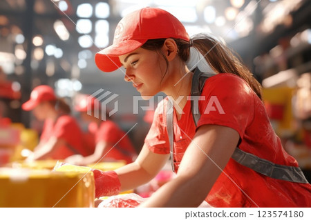 Volunteers organize emergency supplies in a gymnasium during a community service event Volunteers organize emergency supplies in a gymnasium during a community service event 123574180
