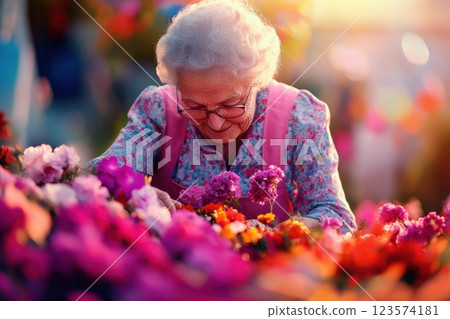 Elderly woman with a peaceful smile plants vibrant flowers in her sunny garden Elderly woman with a peaceful smile plants vibrant flowers in her sunny garden 123574181