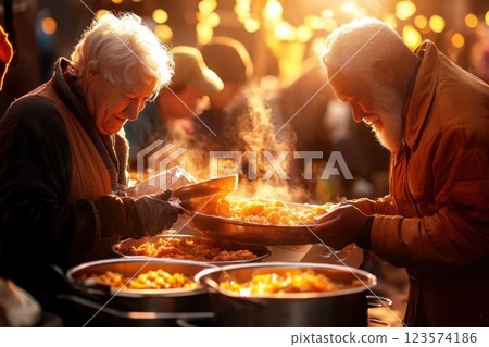 Volunteers share warm meals in a vibrant neighborhood fostering community and connection 123574186