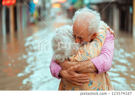 Man carries elderly woman on his back through floodwaters showcasing human resilience and compassion 123574187