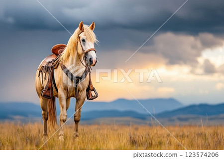 Melancholy horse dressed in cowboy attire stands under a stormy sky in a desolate landscape 123574206