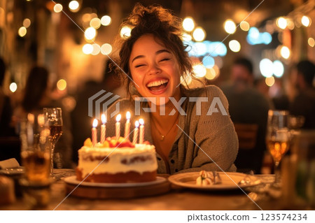 Surprised woman celebrates her birthday with laughter in a cozy restaurant setting 123574234