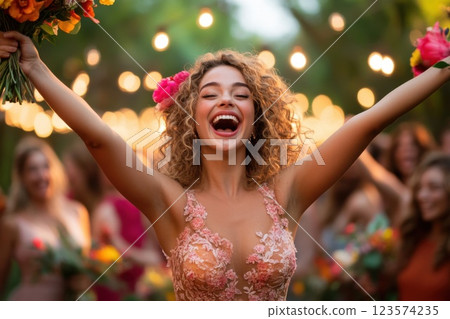 Joyful young woman catches bouquet at wedding celebration in a beautiful outdoor garden 123574235