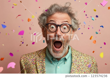 Surprise party moment captured as man walks in with stunned expression 123574236