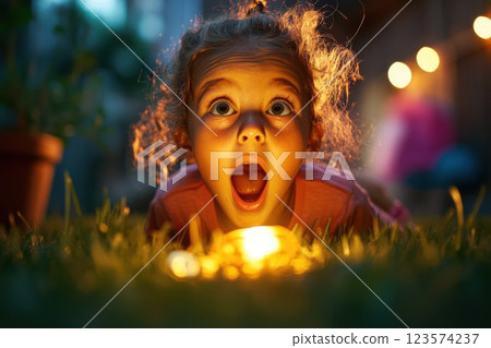 Young girl discovers hidden treasure in backyard during bright sunny day 123574237