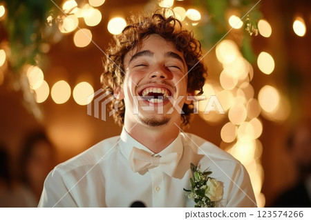 Nervous laughter during heartfelt wedding speech in softly lit reception hall 123574266