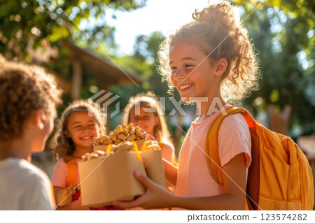 Young woman distributes food packages to smiling children outdoors in bright light 123574282