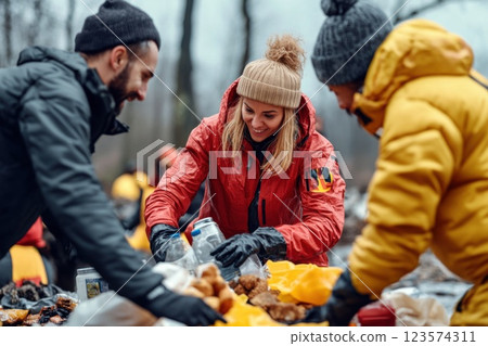 Volunteers distribute food and water to flood victims in devastated village during gloomy weather 123574311
