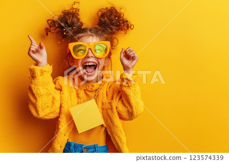 Young girl joyfully expressing excitement while wearing bright clothes and oversized glasses 123574339