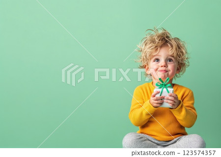 Little boy with puzzled expression enjoys trying to open a wrapped gift on light green background 123574357