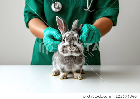 Veterinarian examines rabbits health at animal clinic with professional care Veterinarian examines rabbits health at animal clinic with professional care 123574366