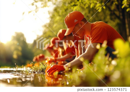 Volunteers work together to clean a riverbank and protect the environment 123574371