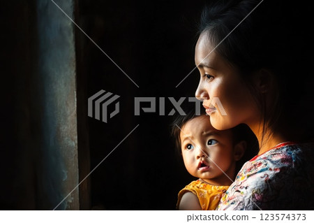 Emotional connection in an emergency shelter during a low light moment 123574373