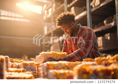 Man organizing donated items in a busy warehouse filled with warm sunlight Man organizing donated items in a busy warehouse filled with warm sunlight 123574374